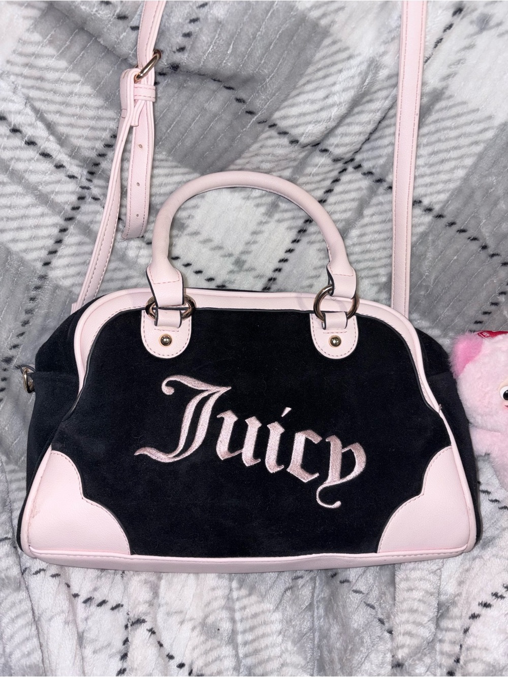 Juicy Couture Black and Light Pink Suede Logo Satchel Bag